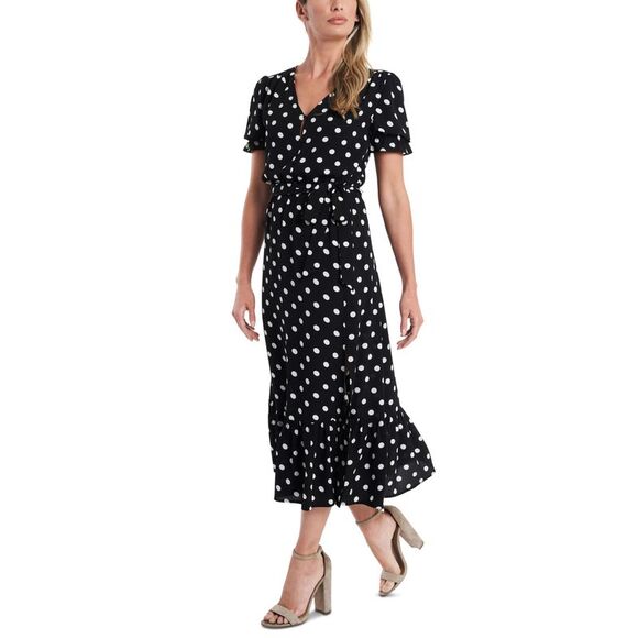 Women's Short Sleeve Polka-Dot Tie-Waist Midi Dress - Picture 1 of 1